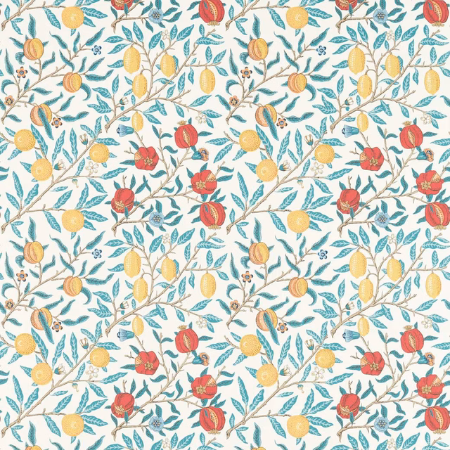 Cream botanical fabric with teal leaves, yellow fruit and madder-red blooms