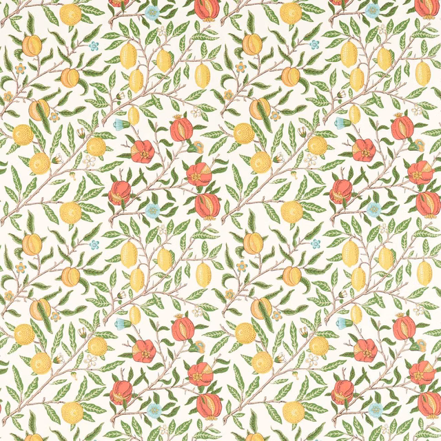 Cream botanical fabric with green leaves, yellow fruit and madder-red flowers