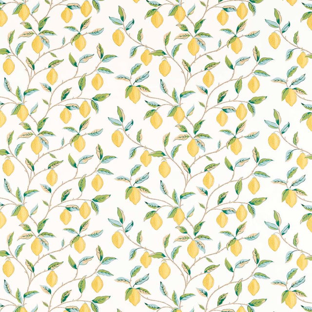 Cream fabric with scattered lemon-yellow fruit and bayleaf-green leafy branches