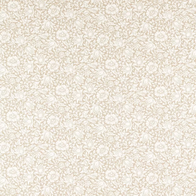 Warm ivory ground with pale taupe Morris floral sprigs in a dense small-scale pattern