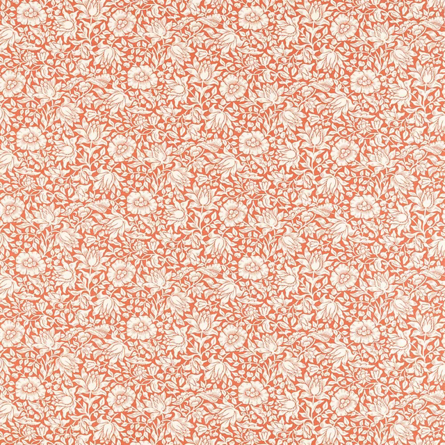 Dense ivory flower and leaf sprigs over a muted madder-red ground