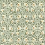 Muted bayleaf-green floral fabric with cream blooms and fine scrolling foliage