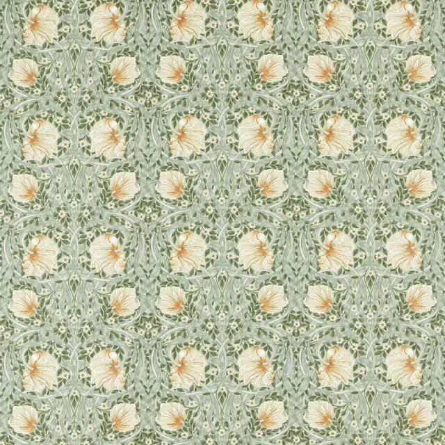 Muted bayleaf-green floral fabric with cream blooms and fine scrolling foliage