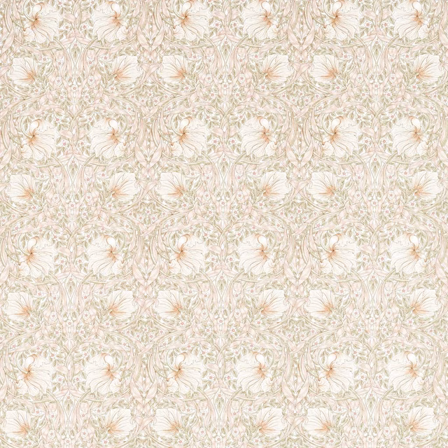 Blush-pink flowers and sage botanical tracery repeated across a pale cream fabric
