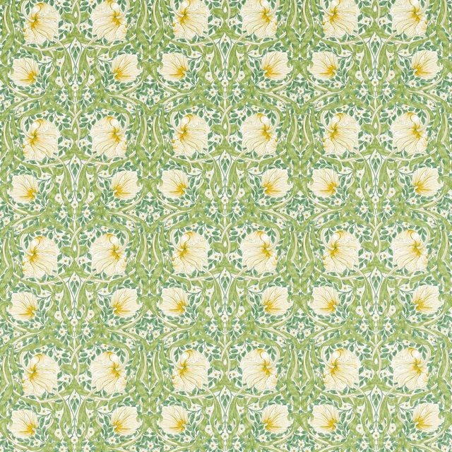 Leaf-green floral fabric with ivory blooms and fine curling foliage