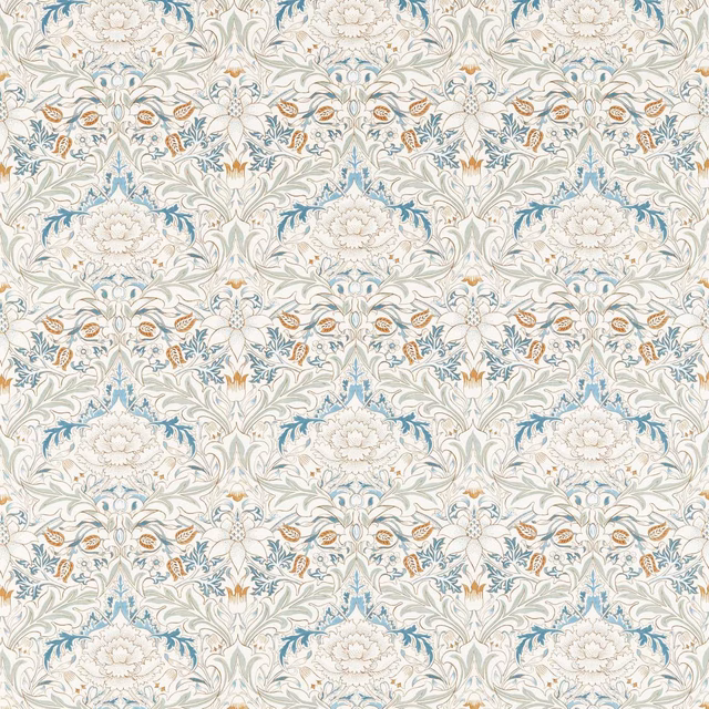 Ivory Morris botanical fabric with sage-blue foliage and rust floral accents