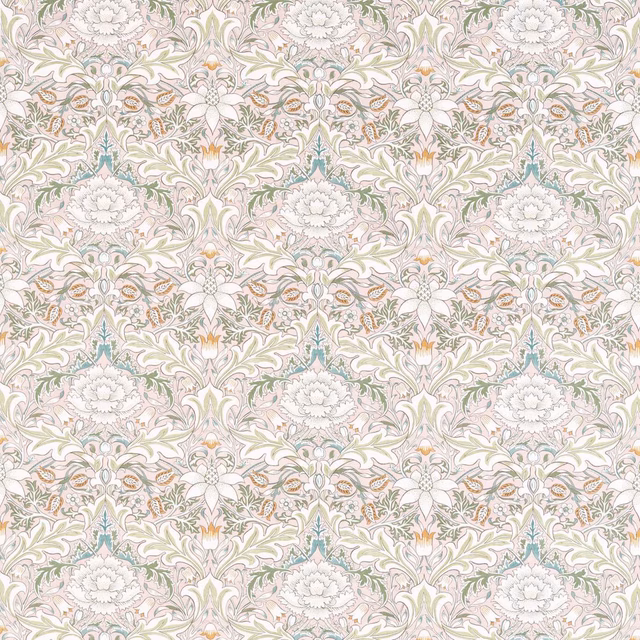 Pale ivory botanical fabric with sage scrolls, blush flowers, taupe leaves and ochre accents.