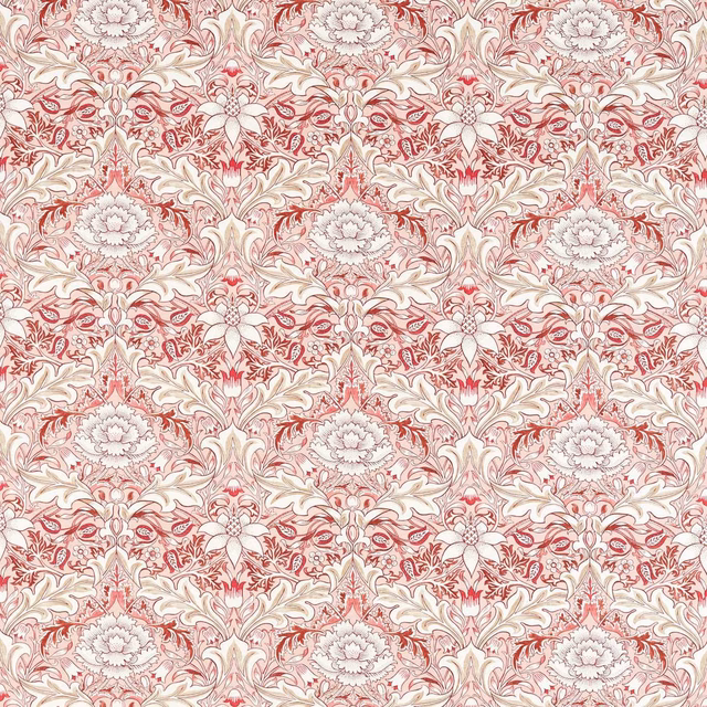 Ivory textile with dusty russet damask flowers, scrolling leaves and pale grey detail