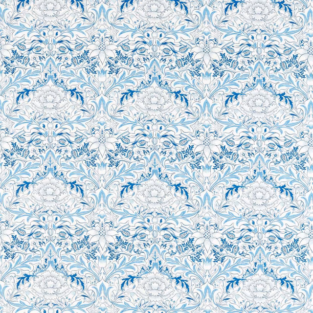 Pale woad-blue and white fabric with intricate scrolling floral damask motifs
