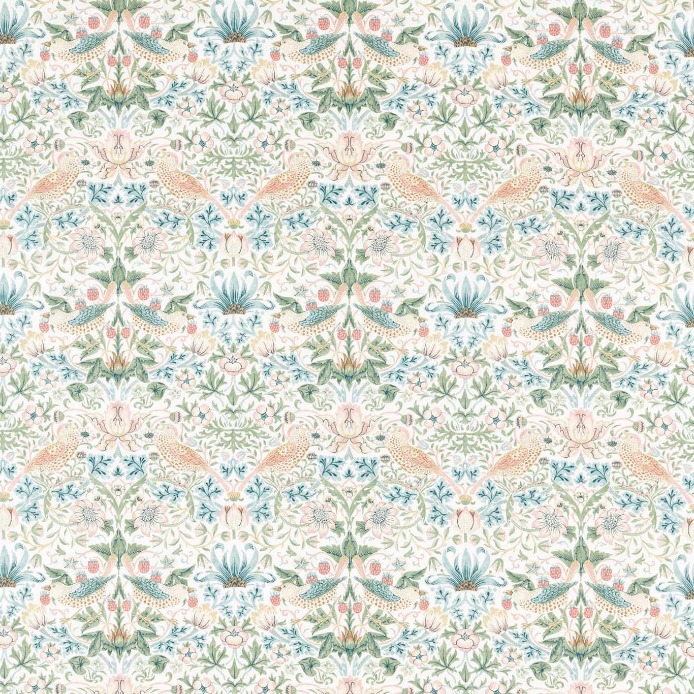 Ivory fabric with coral birds, sage foliage, blue-green flowers and scrolling botanical motifs