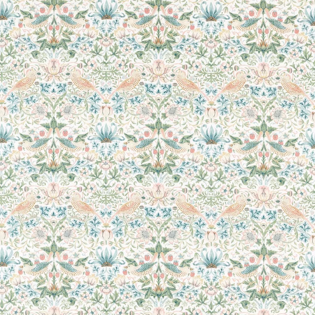 Ivory fabric with coral birds, sage foliage, blue-green flowers and scrolling botanical motifs
