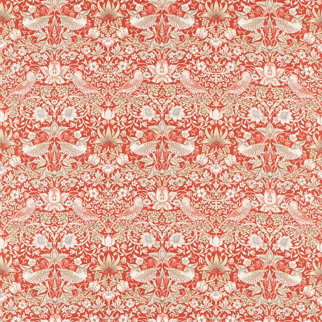 Warm Indian red textile with cream birds, flowers and densely scrolling foliage