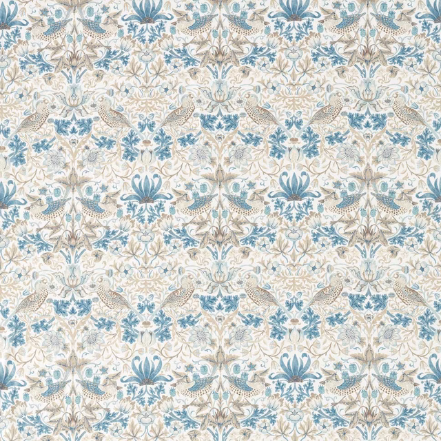 Slate-blue birds and florals on a pale vellum patterned textile