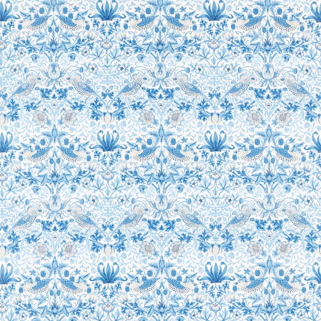 Cool woad-blue floral and bird repeat on a pale, softly mottled ground