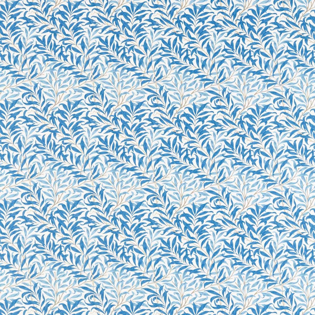 Muted woad-blue leafy sprigs on a pale blue-white ground
