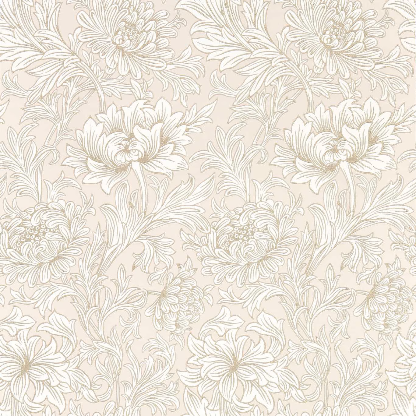 Pale blush chrysanthemum outlines and leafy stems on a warm cream wallpaper ground