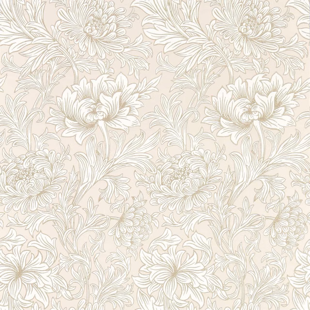 Pale blush chrysanthemum outlines and leafy stems on a warm cream wallpaper ground