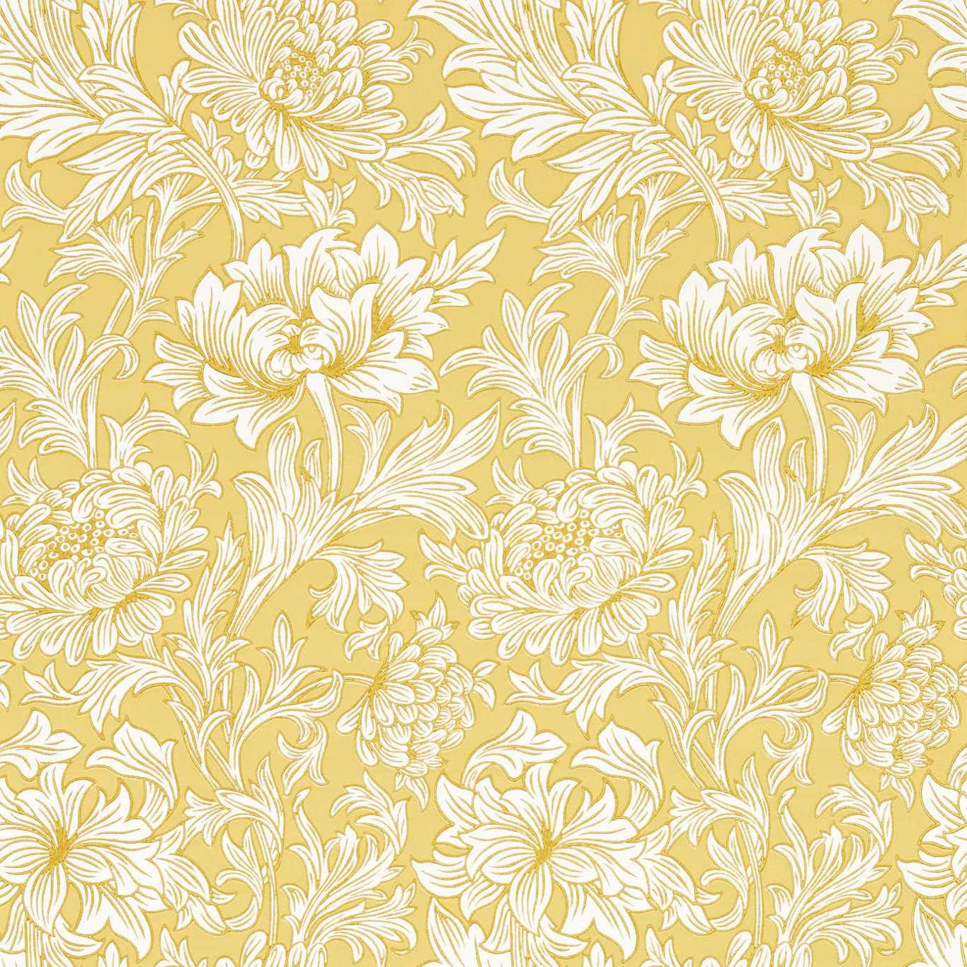 Cream chrysanthemum and leafy sprays over a muted saffron-yellow wallpaper ground