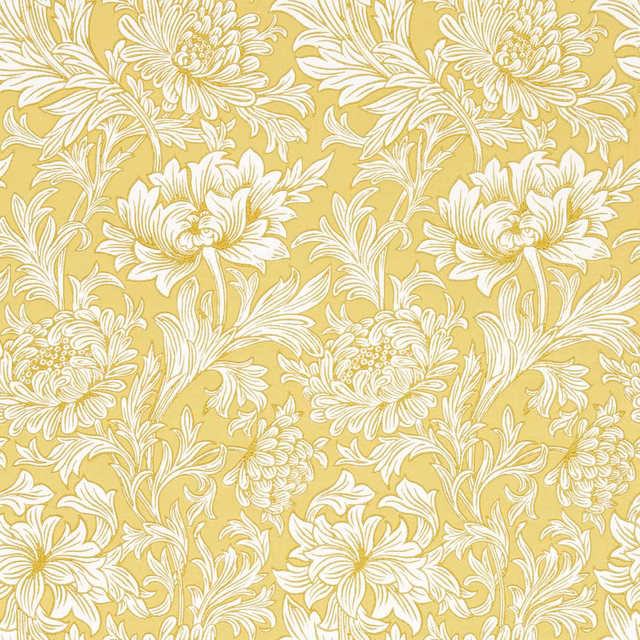 Cream chrysanthemum and leafy sprays over a muted saffron-yellow wallpaper ground