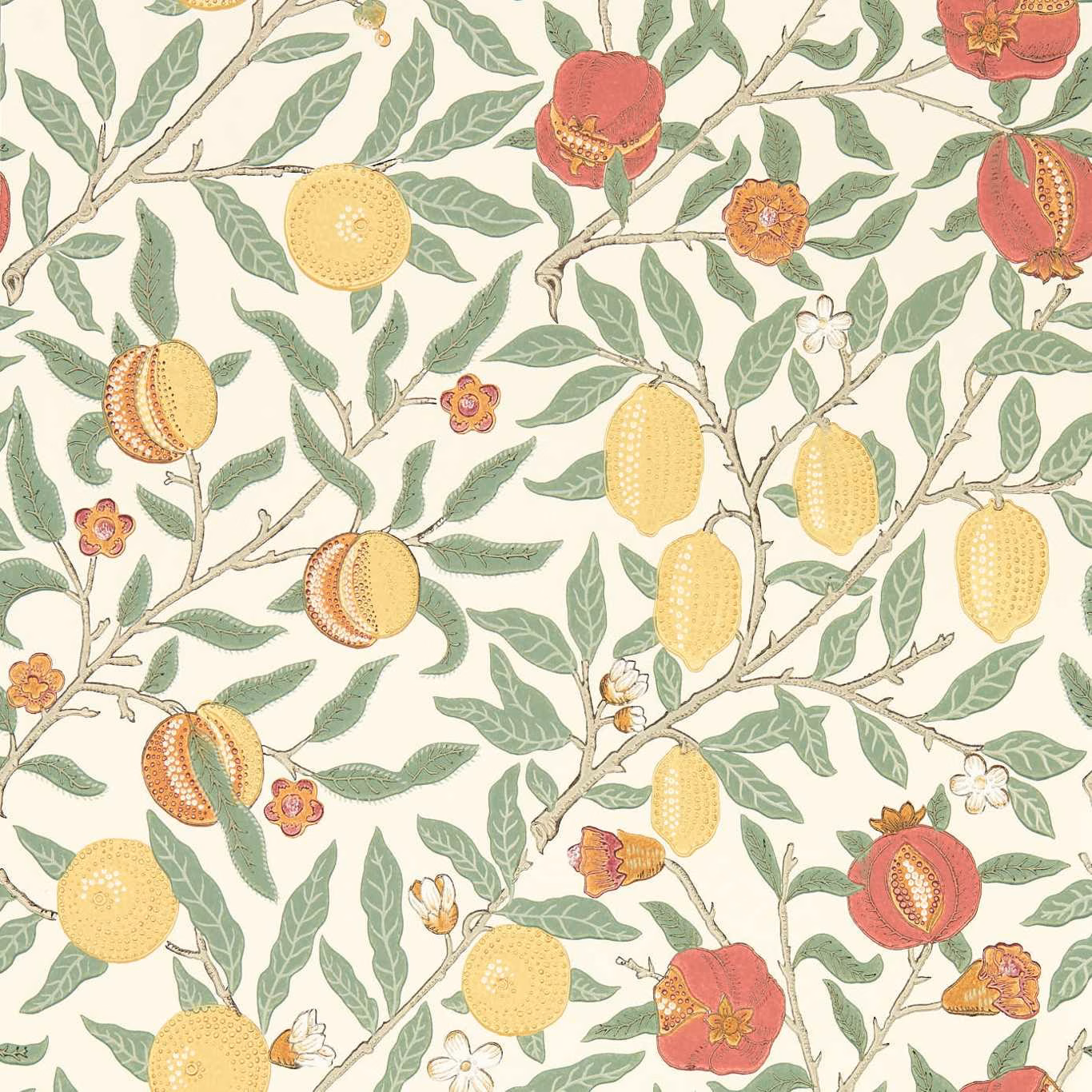 Cream wallpaper with sage branches, russet pomegranates, yellow citrus and tiny flowers