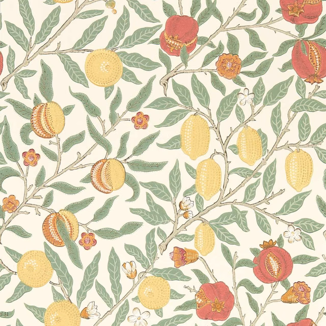 Cream wallpaper with sage branches, russet pomegranates, yellow citrus and tiny flowers