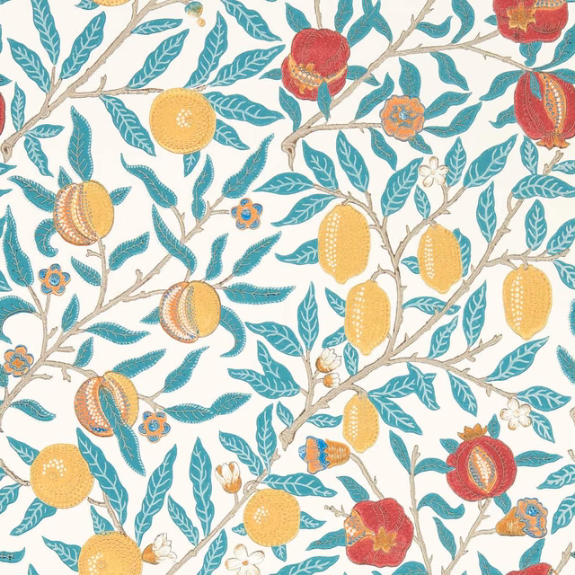 Ivory wallpaper with teal leaves, ochre fruit and madder-red pomegranates