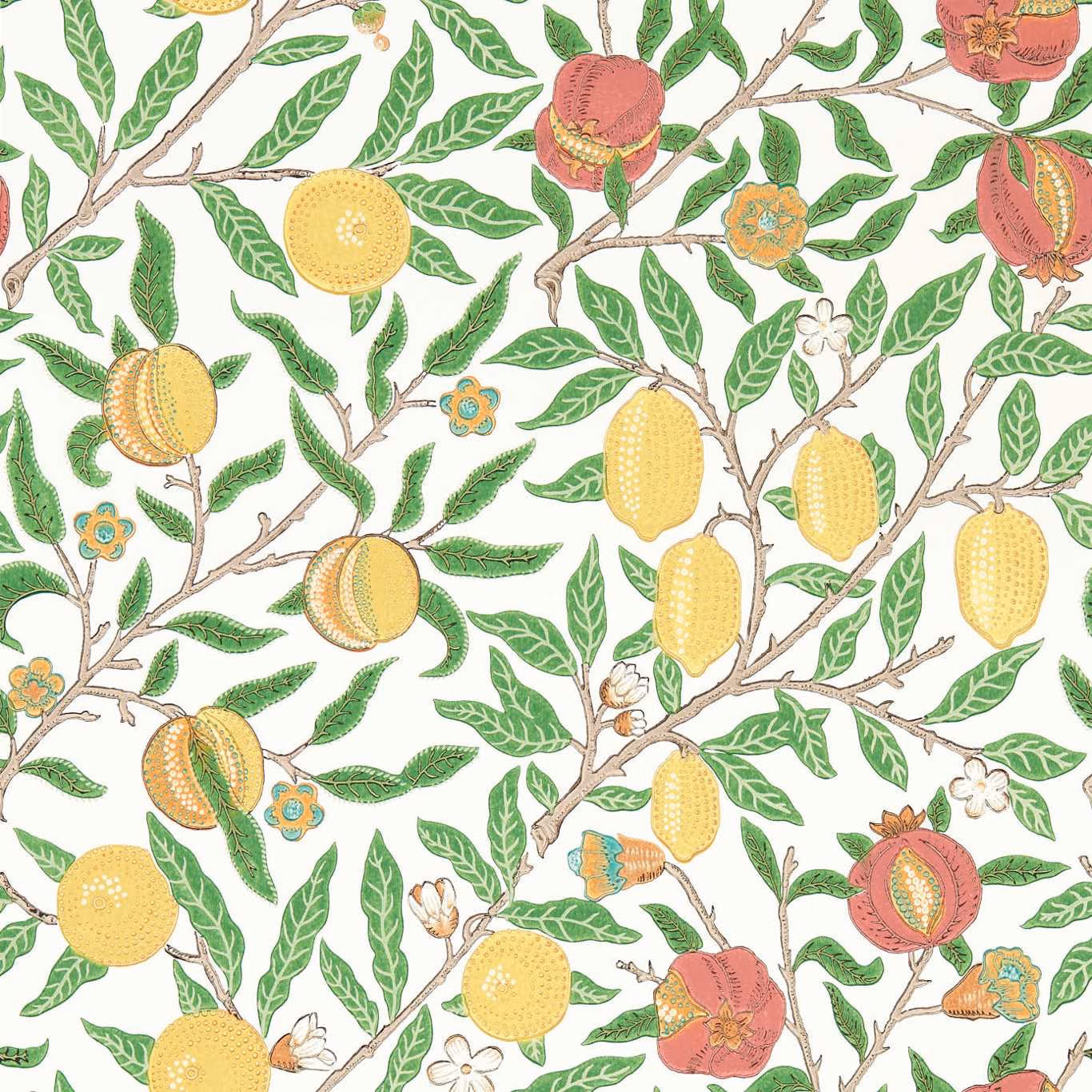 Leaf green branches with madder pomegranates, yellow citrus and white ground