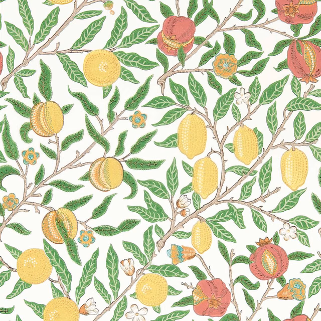 Leaf green branches with madder pomegranates, yellow citrus and white ground