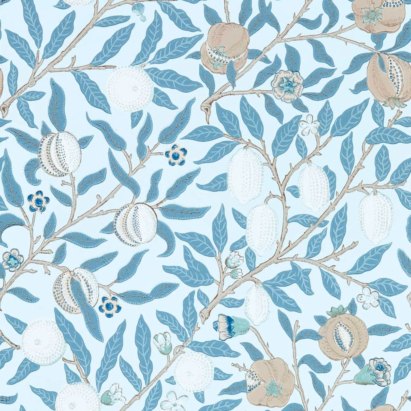 Slate-blue leafy branches, pale fruits and taupe botanical pods on vellum ground