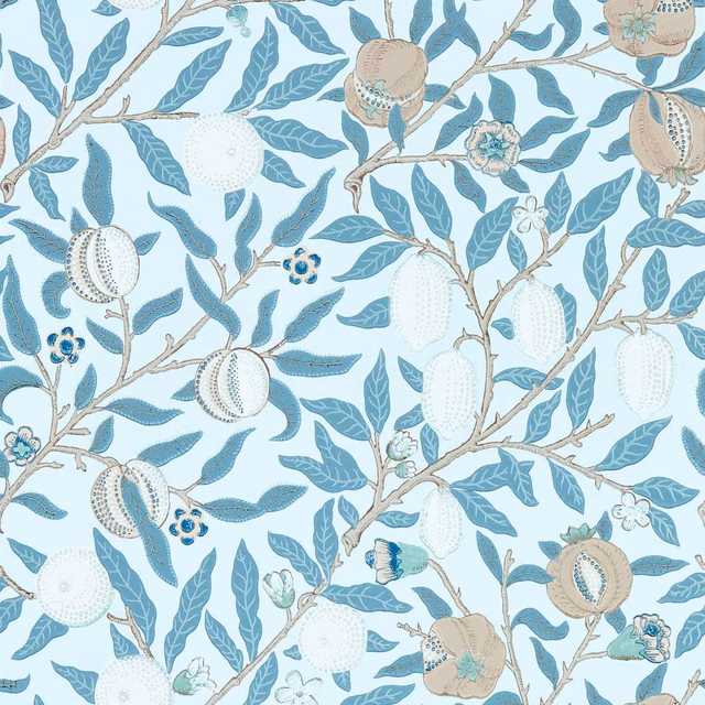 Slate-blue leafy branches, pale fruits and taupe botanical pods on vellum ground