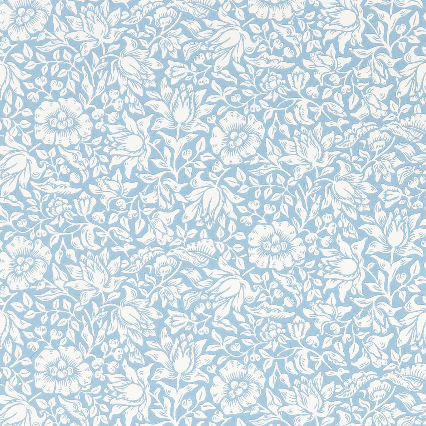 Soft powder-blue wallpaper with dense white flowers, leaves and curling botanical stems