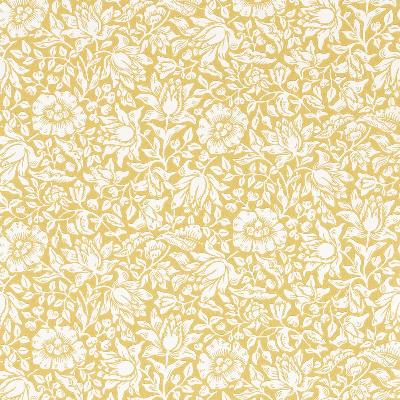 Warm golden wallpaper with dense white flowers, leaves and curling stems