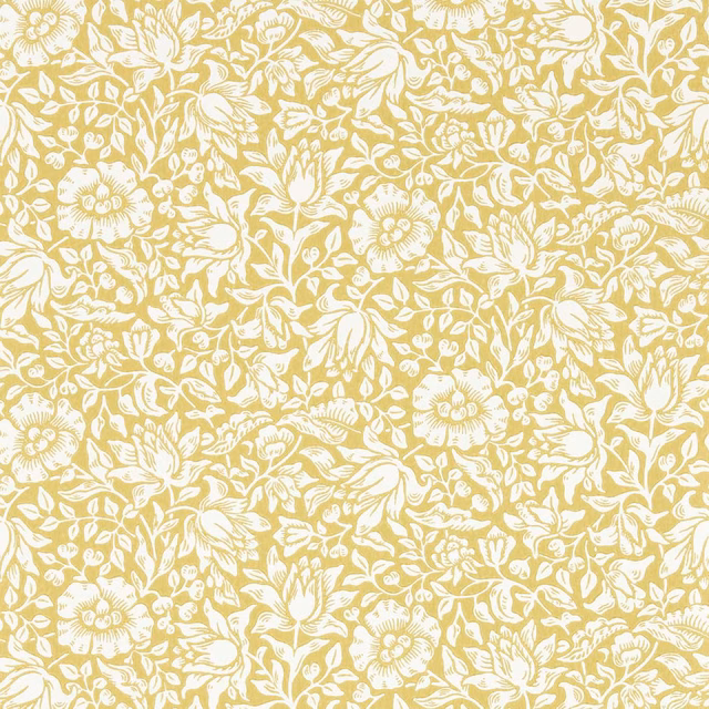 Warm golden wallpaper with dense white flowers, leaves and curling stems