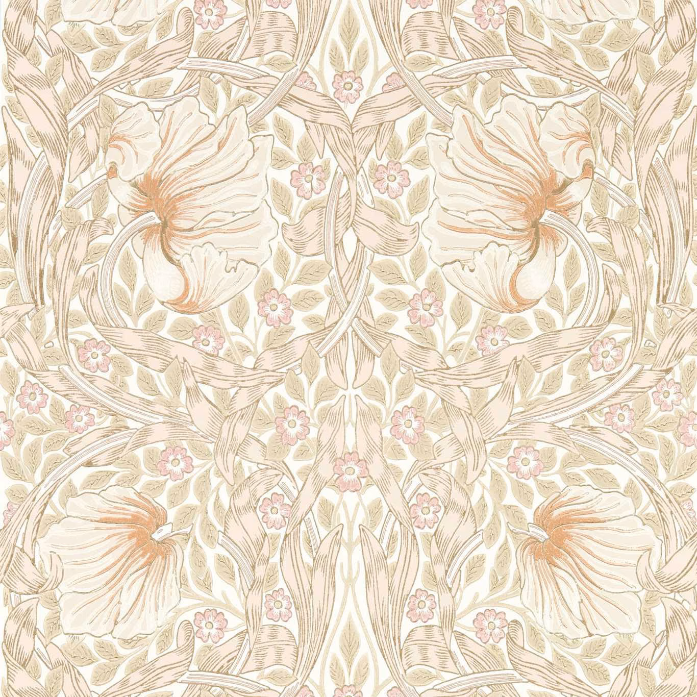 Ivory botanical wallpaper with blush-pink flowers, peach blooms and curling foliage