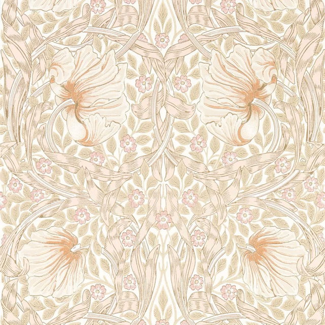 Ivory botanical wallpaper with blush-pink flowers, peach blooms and curling foliage