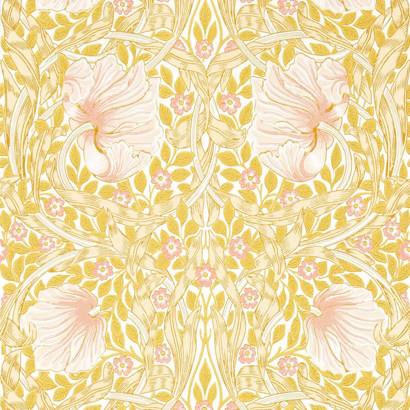 Sunflower-yellow foliage and blush-pink blooms in an ornate symmetrical floral wallpaper