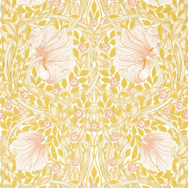 Sunflower-yellow foliage and blush-pink blooms in an ornate symmetrical floral wallpaper