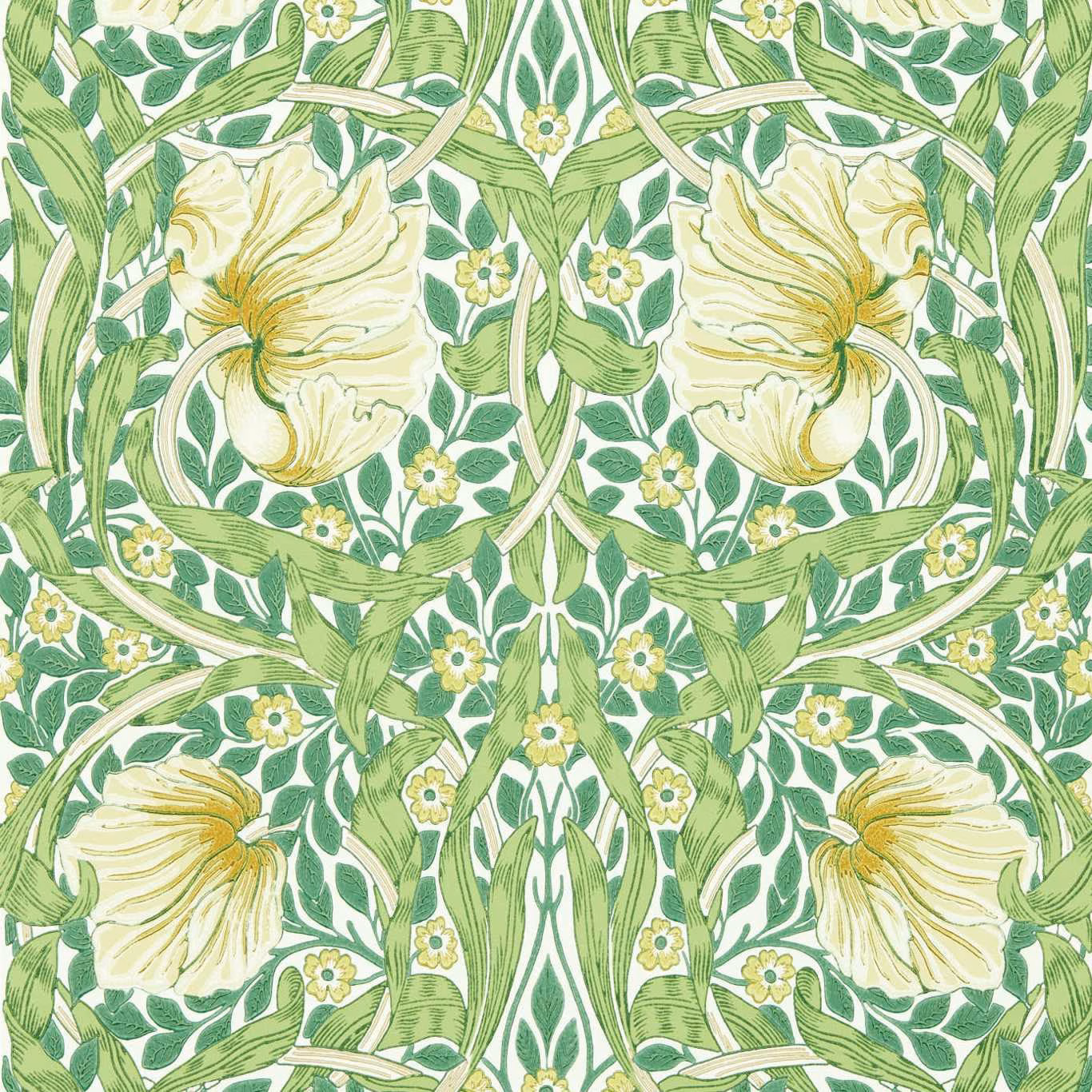 Leaf green and cream wallpaper with large blossoms, curling stems and dense botanical leaves