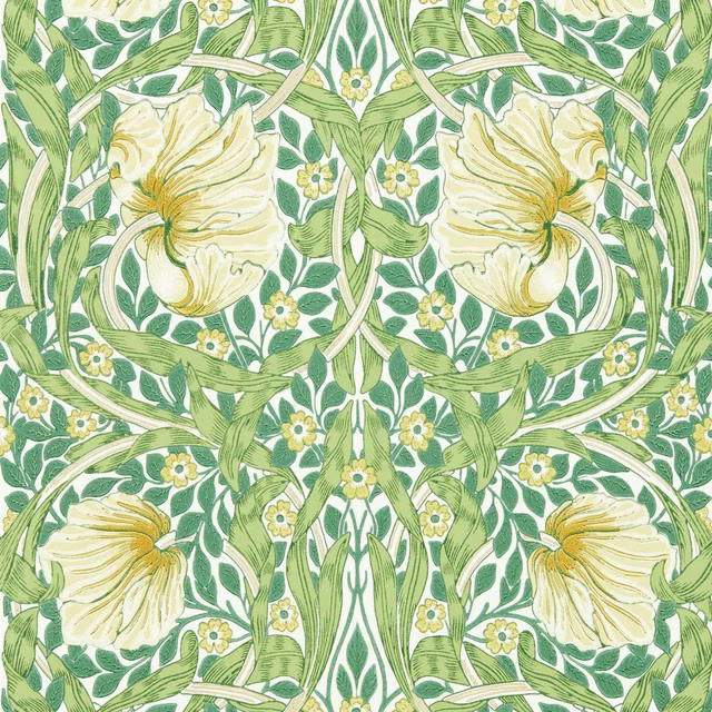 Leaf green and cream wallpaper with large blossoms, curling stems and dense botanical leaves