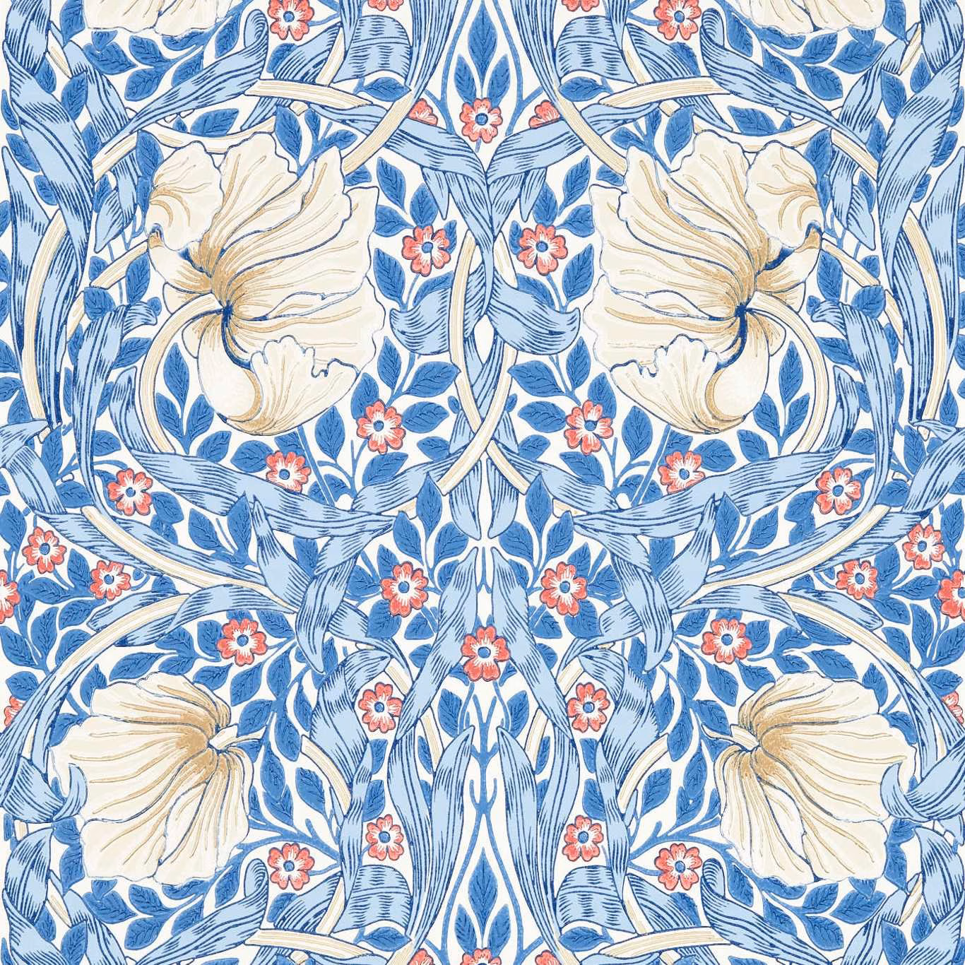Woad blue wallpaper with cream peonies, leafy sprays and coral flowers
