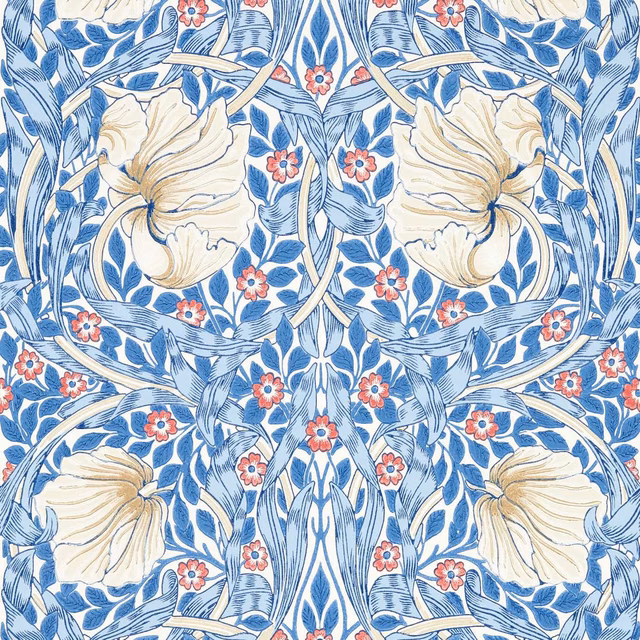 Woad blue wallpaper with cream peonies, leafy sprays and coral flowers