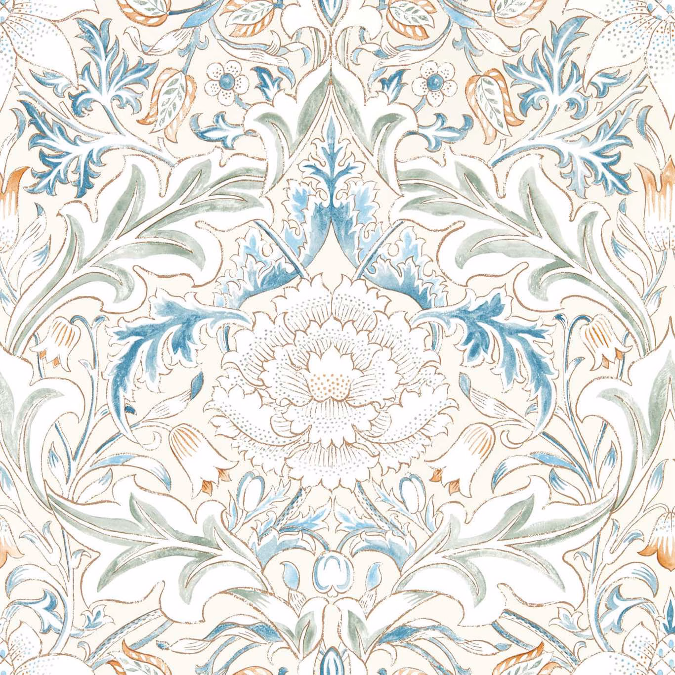Cream wallpaper with sage foliage, blue flowers and terracotta leaf accents