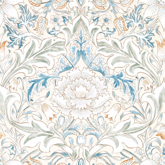 Cream wallpaper with sage foliage, blue flowers and terracotta leaf accents