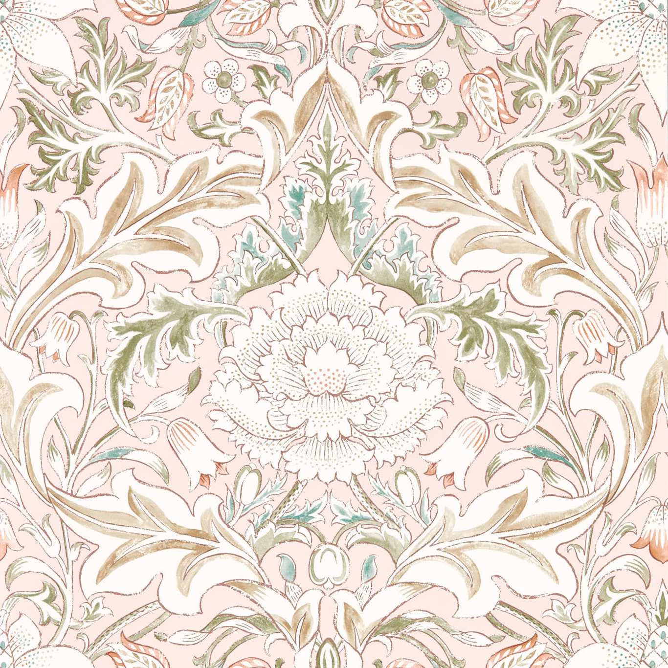 Blush-pink wallpaper with sage acanthus, mint leaves and a central outlined flower