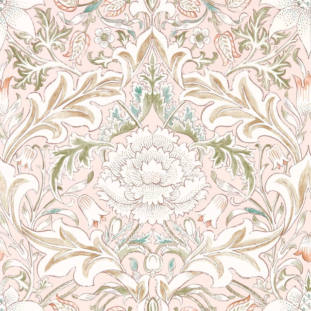 Blush-pink wallpaper with sage acanthus, mint leaves and a central outlined flower