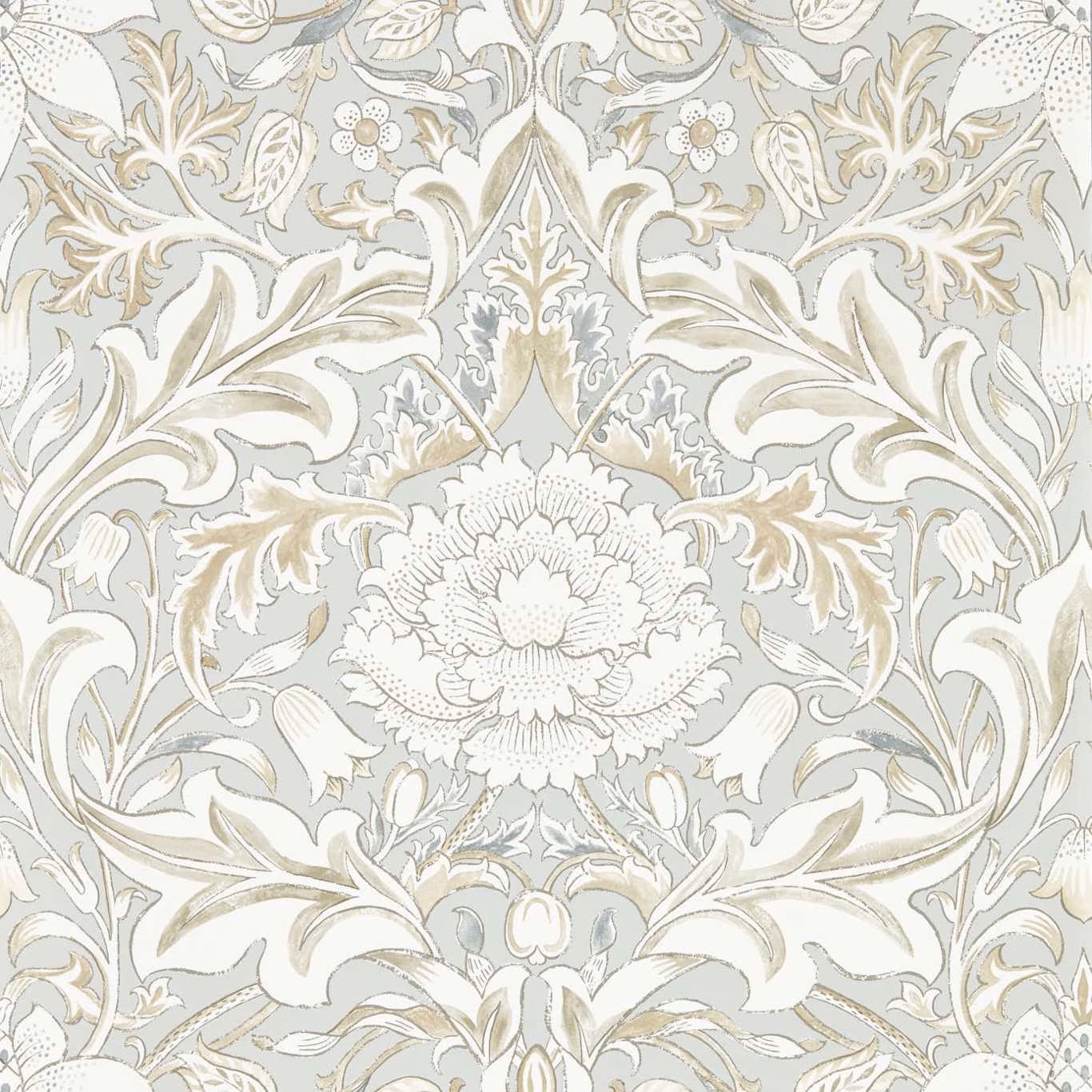 Dove-grey wallpaper with ivory acanthus foliage, taupe details and a central floral rosette