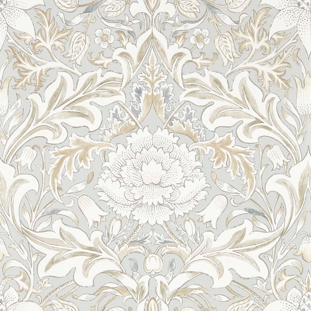 Dove-grey wallpaper with ivory acanthus foliage, taupe details and a central floral rosette