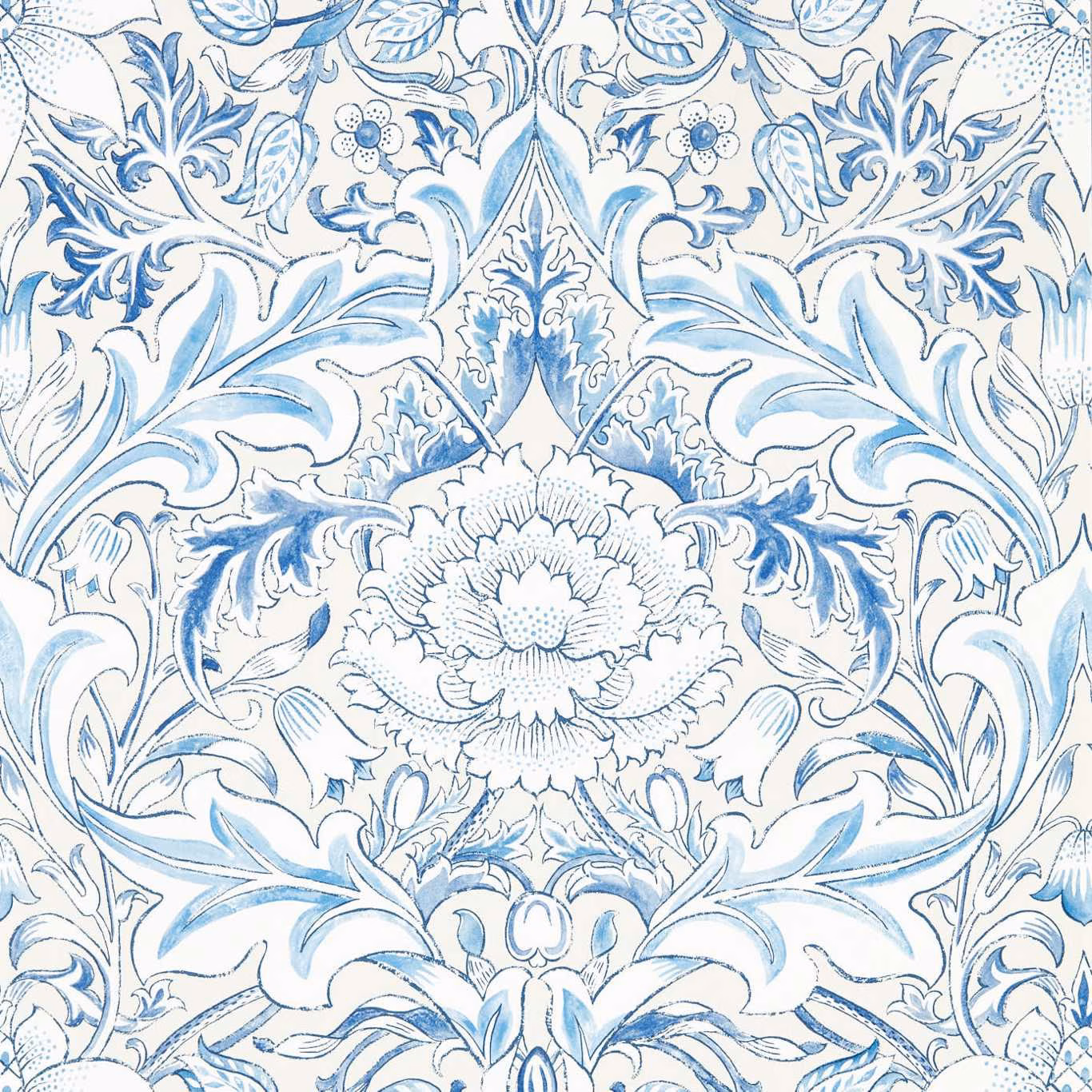 Ivory wallpaper with pale woad-blue leaves, berries and a central flower