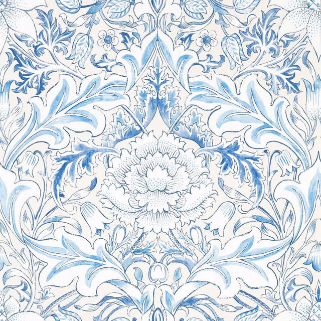 Ivory wallpaper with pale woad-blue leaves, berries and a central flower