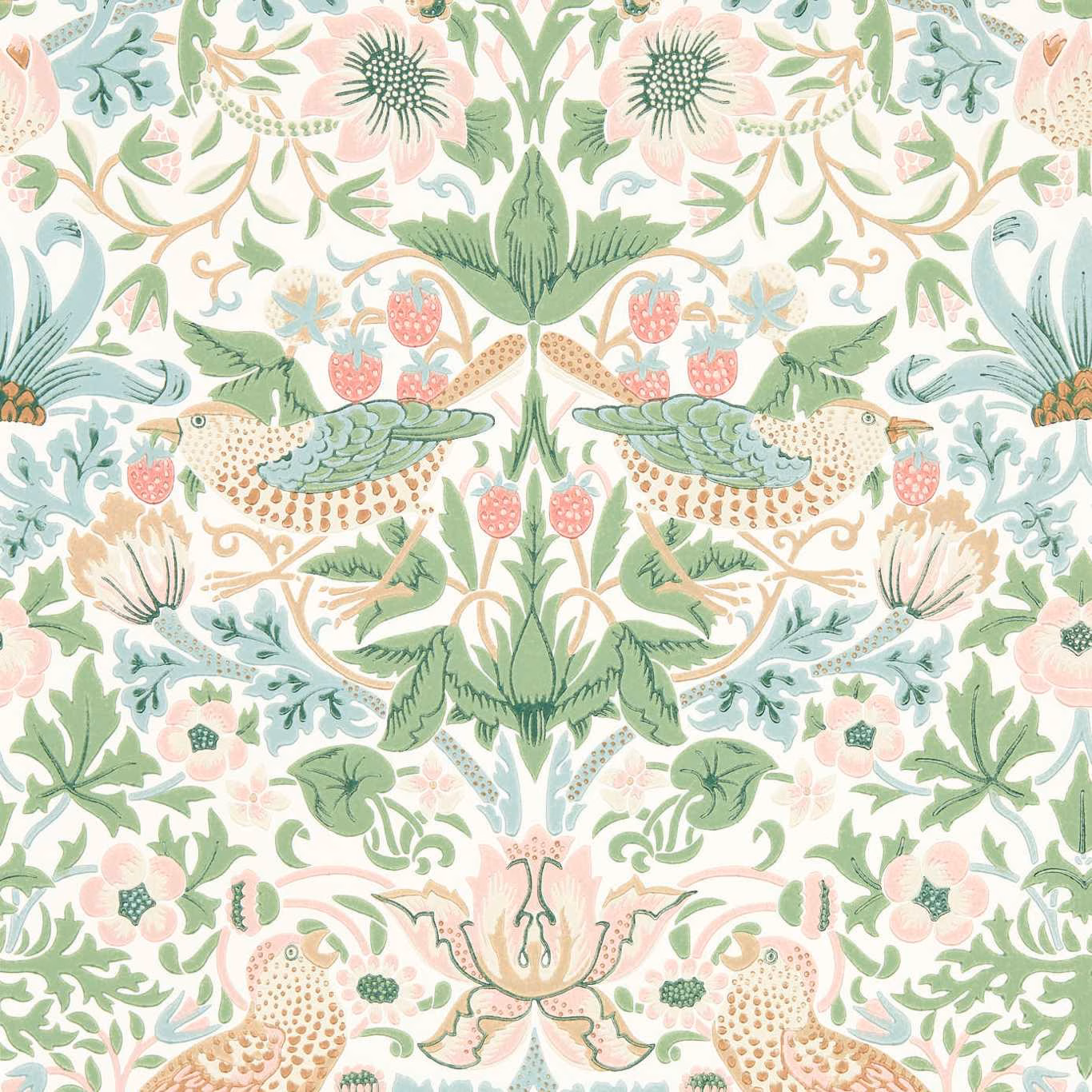Cream wallpaper with dusty pink birds, strawberries, sage leaves and mirrored botanical motifs